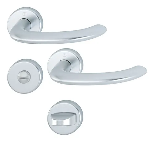 Hoppe Marseille Aluminium-Rosetten-Türgriff-Garnitur 1138/42KV/42KVS - Türsicherungen, eleganter silberfarbener Türgriff mit Schlitzkopf/Olive, ideal für Bad- und WC-Türen, sorgt für Sicherheit und Stil.