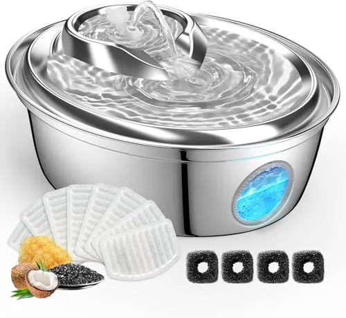 GoldenSun Katzenbrunnen, Rostfreie Stähle Automatischer Wasserbrunnen für Katzen, 2L Katzen Trinkbrunnen – 12 Aktivkohlefilter, Geeignet für alle Rassengrößen (D36)
