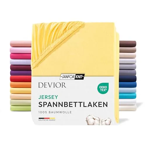 Devior Jersey Spannbettlaken 90x200cm - 100x200cm, 100% Baumwolle, Matratzenhöhe bis 22cm, Gelb – 135 g/m² Anti-Statisches, atmungsaktives Bettlaken mit Einlaufschutz, Matratzenbezug Gelb
