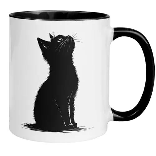 Katzen Geschenk Tasse | Nach oben schauende schwarze Katze | Lustige Katzen Kaffeetasse mit Spruch | Witziges Katzen Geschenk Büro Arbeit Geburtstag | Becher Frauen Männer Jungs Mädchen Katzenfreunde