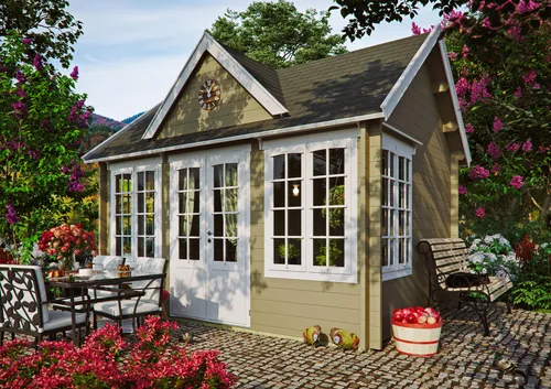 Fjordholz Gartenhaus Teehaus Windsor 44 - Massivholz - Massives Gartenhaus Modell Windsor 44 aus nordischer Fichte, ideal für Gartenliebhaber. Robuste Bauweise mit isolierten Fenstern und Doppeltüren für optimalen Komfort. Individuelle Anpassungen möglich!