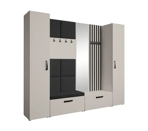 Beautysofa Garderobenschrank MARGARET XL mit Spiegel und gepolsterten Paneelen - Geräumiger Garderobenschrank mit zwei Schuhschränken und zwei Kleiderschränken. Modernes Design mit eleganten Lamellen und praktischem Spiegel für einen stylischen Flur.