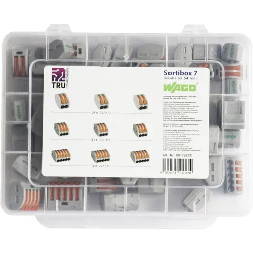 WAGO WA-741-744 Verbindungsklemmen-Sortiment 54er Multipack - Steckdosen- & Schalterteile, flexibles Sortiment für Drahtquerschnitte von 0.08-2.5 mm², ideal für vielseitige Elektroinstallationen.