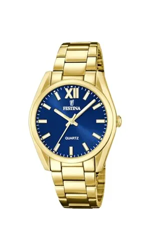 Festina Analog F20640/5 Damenuhr - Elegante Armbanduhr für Damen mit rundem goldfarbenem Edelstahlgehäuse und blauem Zifferblatt, ideal für jeden Anlass und wasserdicht bis 5 ATM.