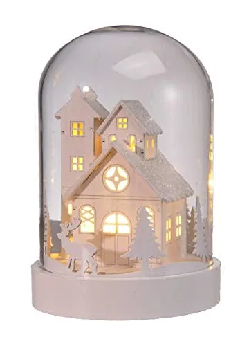 LED Deko Glasglocke - Mini Weihnachtsstadt mit Beleuchtung - Wunderschöne Mini Weihnachtsstadt in einer Glasglocke, ca. 18 cm hoch. Mit 3 warmweißen LEDs und stabiler Holzbasis. Ideal für stimmungsvolle Weihnachtsdekoration im Innenbereich.