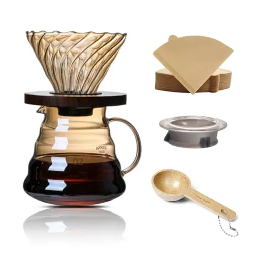 CHDEXU Pour Over Kaffeebereiter Set, 600ml Borosilikatglas, Kaffee-Server mit Glasdeckel, 50 Stück Papierfilter, Walnuss-Griff, Kaffee-Tropfer für Zuhause, Café, Restaurant, Gold