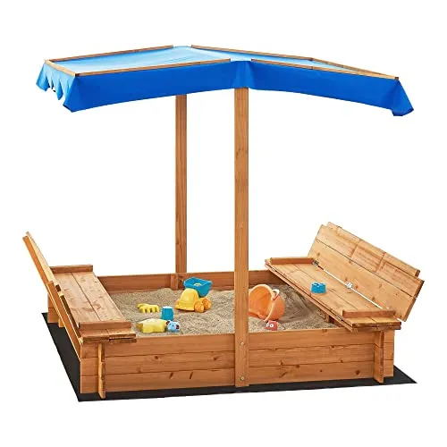 [en.casa] Sandkasten aus Holz mit Dach, 120x120 cm, Blau - Der Holzsandkasten mit Dach bietet nicht nur Spielspaß, sondern auch eine praktische Sitzgelegenheit. Die klappbaren Bänke schützen den Sand und sorgen für Schatten. Ideal für Outdoor-Aktivitäten!