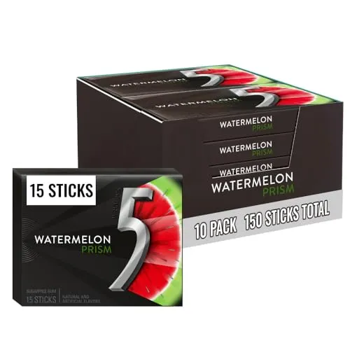Wrigley's 5 Prism Sugar Free Gum - Watermelon, 15 Stück, 10er Pack - Kaugummis mit erfrischendem Wassermelonen-Geschmack, zuckerfrei und perfekt für frischen Atem unterwegs.