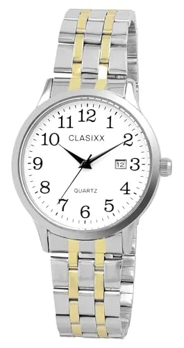 Clasixx Herrenuhr Gliederarmband aus Edelstahl, Bicolor/weiß