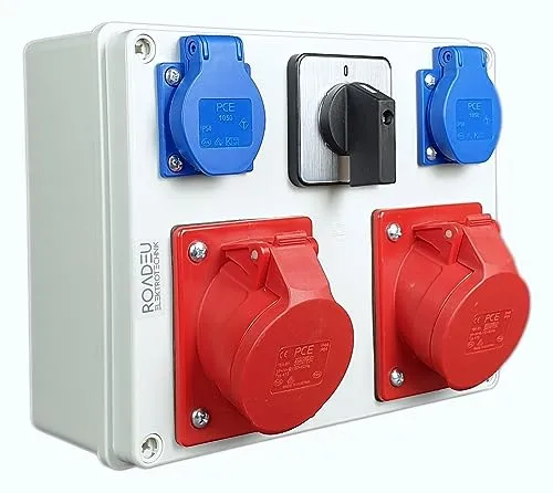 RoadEu CEE Steckdosenverteiler IP44 | 2x CEE 16A 5P + 2x Schuko 230V mit Hauptschalter 0-1 | Starkstrom Verteiler Aufputz, vorverdrahtet, Europäische Komponenten
