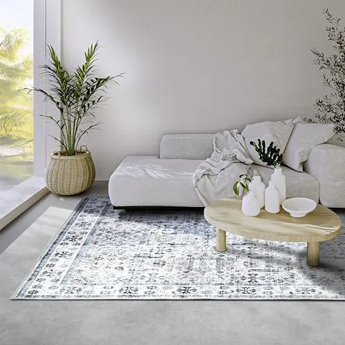 Elle Decoration Saveh Teppich – Klassischer Rutschfester Vintage Design Kurzflor Teppich für Schlafzimmer, Esszimmer, Wohnzimmer, Flur, Küche – Creme Blau, 80x150cm