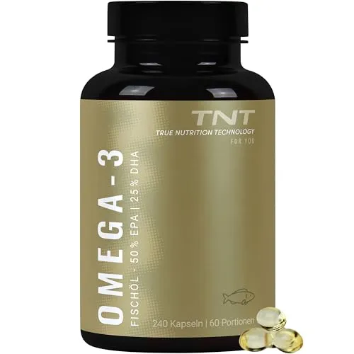 TNT Omega-3 Fischöl Kapseln hochdosiert – 240 St. mit 2860mg Fischöl - Hochdosierte Omega-3 Kapseln mit 100% natürlichem Fischöl. Enthält 1000mg EPA und 500mg DHA pro Tagesdosis. Ideal für eine einfache Einnahme und regelmäßige Qualitätssicherung.