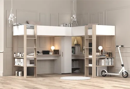 Parisot Hochbett Alex - Multifunktionales Design in Weiss / Jackson Eiche - Hochbett mit zwei Liegeflächen und integriertem Schreibtisch, ideal für Kinderzimmer. Platzsparend und funktional, bietet Stauraum und ergonomische Arbeitsplätze.