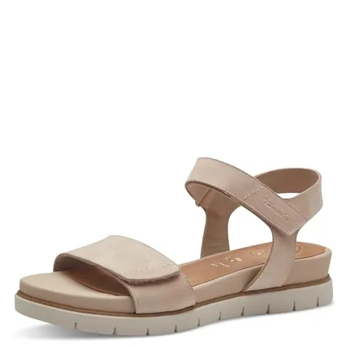 Tamaris Comfort Damen Sandalen flach aus Leder mit Klettverschluss, Beige (Beige Nubuk), 36 EU