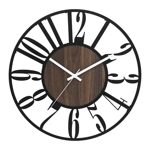 K&L Wall Art große MDF Holz Wanduhr XL Industrielle Metalluhr Vintage Wohnzimmeruhr lautlos Quartz Uhrwerk ohne Tick-Geräusche (Nussbaum Holzoptik, Ø 50cm)