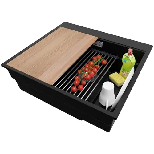 PRIMAGRAN Spülbecken Schwarz 58x53cm - Oslo Max S060 - 1 Becken Küchenspüle, widerstandsfähig gegen Kratzer und Stöße, ideal für große Mengen Geschirr mit integriertem Abtropfgestell und multifunktionaler Arbeitsstation.