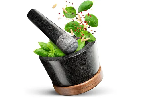 madeco Mörser mit Stößel Granit auf Holzsockel Nussbaum 14,5 cm - Edles Design und perfektes Mahlen von Gewürzen, Kräutern und Nüssen