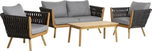 Dehner Garten-Lounge Granada, 4-teilig, Teakholz & Geflecht - Moderne 4-teilige Outdoor-Sitzgruppe mit Sofa, Sesseln und Tisch. Bequeme Polster und edles Design verwandeln Ihre Terrasse in eine stilvolle Entspannungsoase.