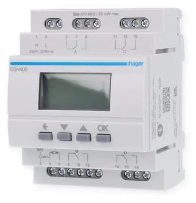 Hager EGN400 Digitale Zeitschaltuhr mit BT 4-Kanal - Zeitschaltuhr für DIN-Schiene mit Bluetooth, 4 Kanälen und App-Programmierung. Ideal für flexible Steuerung von Beleuchtung und Geräten, auch orts- und zeitabhängig.