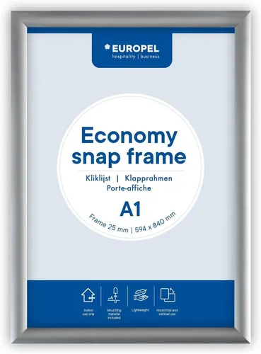 Europel Economy Klapprahmen A1 Silber - Bilderrahmen für Poster, ideal für Werbung und Speisekarten, mit robustem Aluminium-Profil und benutzerfreundlichem Easy-Click System für schnelle Posterwechsel.