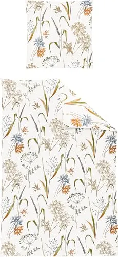 Irisette Bettwäsche Edel-Feinbiber Natur 155x220 cm - Bettwäsche-Set im stilvollen Blätter-Design, aus 100% Baumwolle, pflegeleicht und ideal für gemütliche Nächte.