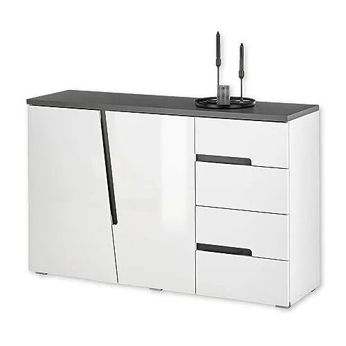 DEINE TANTE EMMA Kommode Boston Sideboard Weiß Hochglanz - Moderne Kommode in Hochglanz Weiß mit griffloser Öffnung, ideal für stilvolle Wohnräume. Maße: 132 x 83 x 38 cm, leichte Montage und vielseitig kombinierbar.