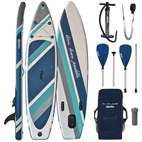 ALPIDEX Stand Up Paddle Set 320 cm - Komplett Set für bis zu 200 kg - Boote - Aufblasbares SUP-Set mit rutschfestem EVA Deck, leichtem Aluminium-Paddel und praktischem Rucksack für einfache Transporte.