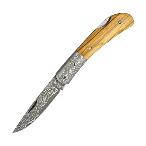 Haller Damast-Taschenmesser mit Olivenholzgriff - Tauchermesser mit edlem Olivenholzgriff, perfekt für Outdoor-Abenteuer und Sammler.