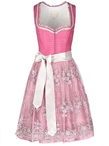 Krüger Dirndl Pati Damen pink | Leinen-Optik Spitze elegant |Knielang 60cm Länge Gr.40