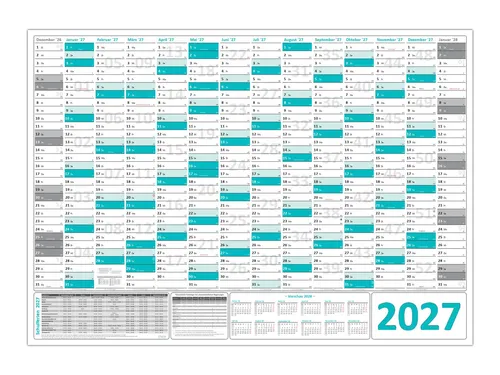 Türkis Wandkalender DIN A1 2027 gerollt Wandplaner inkl. Ferien & Feiertage