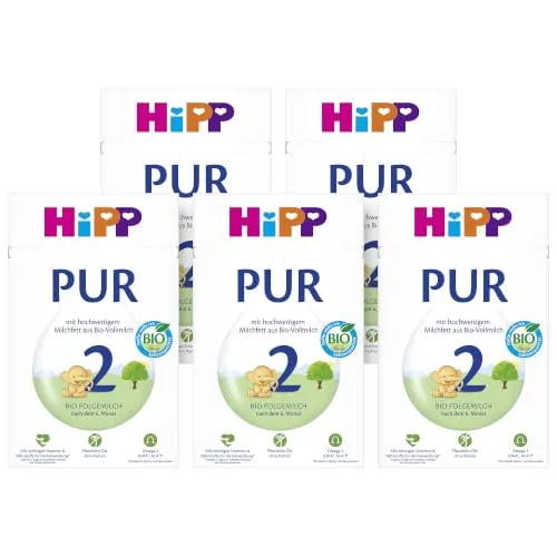 HiPP 2 PUR Folgemilch (5 x 500g), nach dem 6. Monat, mit hochwertigem Milchfett aus Bio-Vollmilch, ohne Palmöl, mit wichtigen Vitaminen & Nährstoffen und Omega 3 (DHA, ALA)