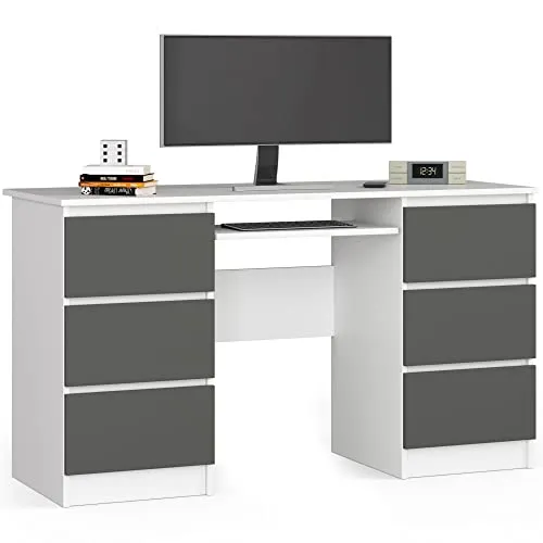 AKORD Schreibtisch A11 Klein 135 cm - 6 Schubladen - Schreibtisch mit viel Stauraum und kratzfester Oberfläche, ideal für Jugendzimmer oder Home Office. Bequemes Arbeiten mit Tastaturablage und solider Konstruktion.