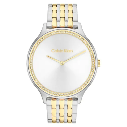 Calvin Klein Quarzuhr CK TIMELESS 25100002 - Elegante Damenuhr mit Glaskristallen und silberfarbenem Edelstahlarmband, ideal für festliche Anlässe und jeden Tag.