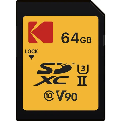 Kodak SD 64GB UHS-II U3 V90 Ultra Pro - Speicherkarten, extrem schnelle Datenübertragung mit UHS-II U3 V90 für professionelle Fotografie und 4K Videoaufnahmen.