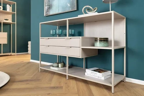 Riess-Ambiente Bücherregal SLIM LINE 115cm - champagner beige - Bücherschrank mit 3 Fächern und 2 Schubladen, ideal als Raumteiler im Wohnzimmer. Das elegante Industrial Design in champagner beige verleiht jedem Raum eine stilvolle Note.