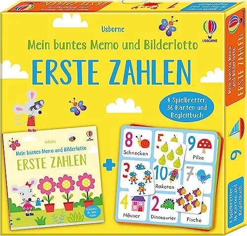 Mein buntes Memo und Bilderlotto: Erste Zahlen: Set mit 4 Spielbrettern, 36 Karten und Begleitbuch – ab 3 Jahren (Usborne Memo-und-Bilderlotto-Reihe)