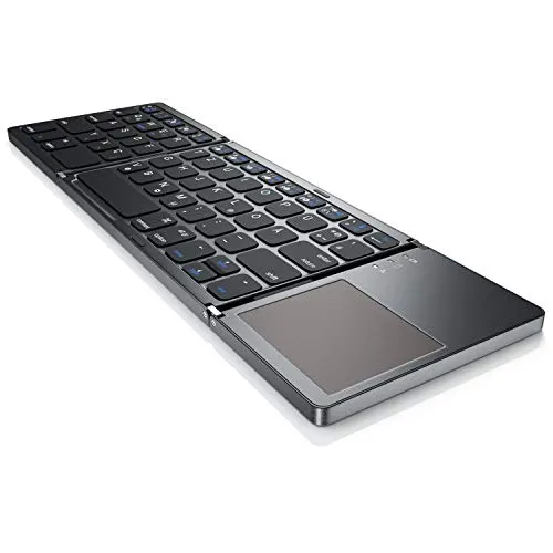 CSL Klappbare Bluetooth Tastatur mit Touchpad - Super Slim Design für PC, Smartphone & Tablet - Faltbare Mini Bluetooth-Tastatur mit integriertem Touchpad, ideal für Reisen. Kompakt und ergonomisch, bietet sie Komfort beim Schreiben und ist mit Windows, iOS und Android kompatibel.