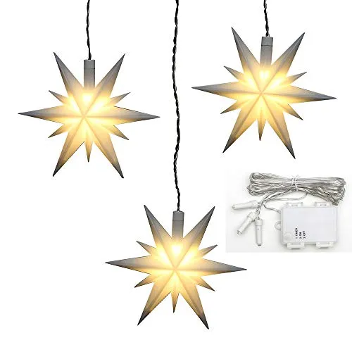 Dekohelden24 3er Set Weihnachtssterne aus Kunststoff - Wetterfeste Weihnachtssterne mit LED Beleuchtung und 6h Timer, ideal für Innen und Außen. Maße je Stern: 13,5 x 5,5 x 12 cm, schaffen eine warme Atmosphäre in der dunklen Jahreszeit.