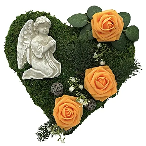 Grabgesteck Moosherz mit Rosen und Engel - Frische Gestecke & Kränze, handgearbeitetes Moosherz mit 3D Engel - ein einzigartiges Unikat für liebevolle Trauerschmückung.