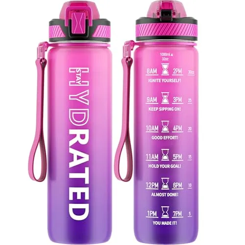 QLUR Trinkflasche, 1L BPA-Frei Tritan Wasserflasche mit Strohhalm, Trinkflasche Sport Auslaufsicher mit Zeitmarkierung und Bürste, Sportflasche für Fitness, Schule, Yoga, Lila Rose (1 Flasche)