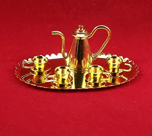 Mini Kaffeeservice goldfarben Metall 6 Teile für Puppenhaus Geschirr Miniatur 1:12