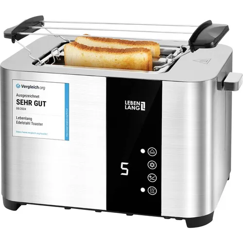 Lebenlang Toaster Premium 2-Scheiben - Multifunktionstoaster aus Edelstahl mit Touchscreen-Display, 7 Bräunungsstufen und extra breiten Schlitzen für dicke Brote und Bagels.