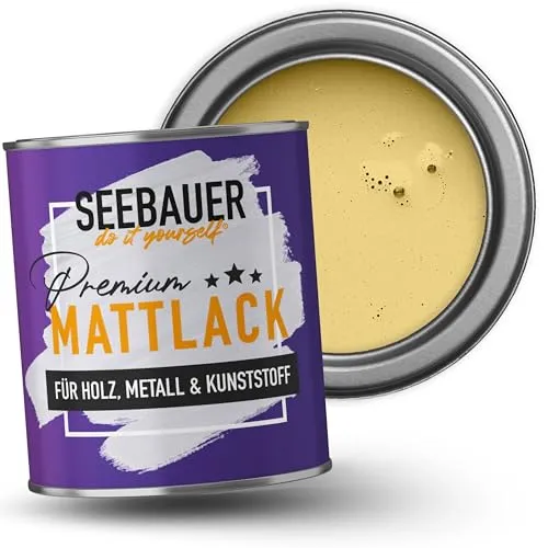 SEEBAUER DIY Mattlack Gelb 750ml - Hochwertiger Hybrid-Lack für Möbel und mehr - Edelmatte Möbelfarbe mit Hybrid-Technologie für Innen- und Außenanwendungen. Extrem robust, schnelltrocknend und geruchsneutral – ideal für empfindliche Bereiche. Perfekt für Holz, Metall und Kunststoff!