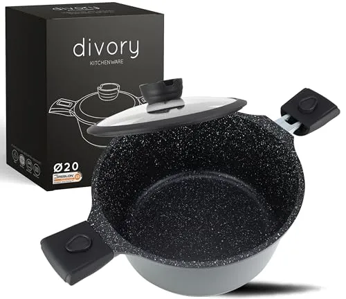 DIVORY Großer Kochtopf 20cm – 3L mit abnehmbaren Griffen - Kochtopf für alle Herdarten, induktionsfähig, mit 3-lagiger Antihaftbeschichtung für fettfreies Kochen. Perfekt für die Spülmaschine und Backofen bis 230 Grad.