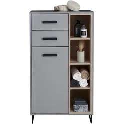 Stella Trading Tunis Badezimmer Kommode in Grau/Eiche Sonoma Optik - Hoch- & Midischränke fürs Bad mit modernem Design und viel Stauraum. Optimal aufgeteilt mit zwei Schubkästen und drei Einlegeböden für eine geordnete Aufbewahrung.
