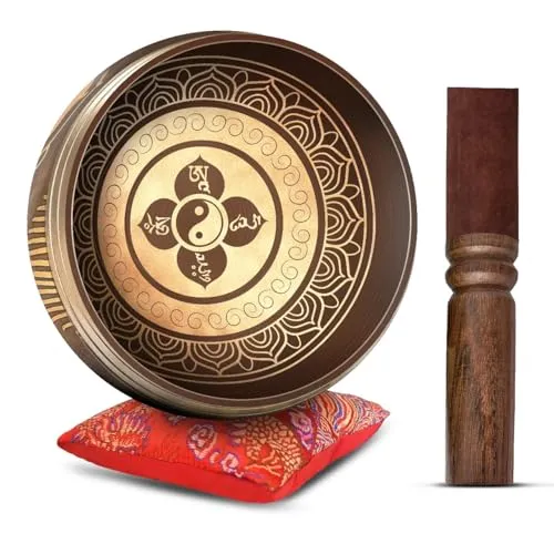 HIMALAYAN BAZAAR Tibetisches Klangschalen-Set – einfach zu spielen, authentisch handgefertigt für Meditation, Klangschale, Chakra, Yoga, Heilung, 10,2 cm (Braun - Kastanienbraun)