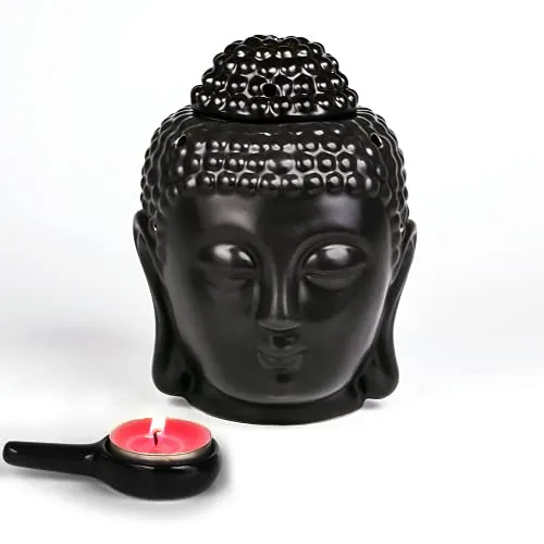 EVERGD Set von 2 Buddha-Kopf-Statue, ätherische Öfen, Duftkerzen, Brenner, Keramik, Aromatherapie, Diffusoren für Yoga, Spa, Pilates, Meditation, Raum, Heimdekoration, Geschenk (schwarz)