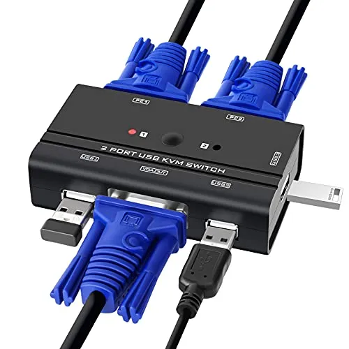 TCNEWCL 2 Port KVM Switch VGA mit 2-in-1 Kabel, VGA USB KVM Switcher 2 PCs 1 Monitor, mit 3 USB 2.0 Schnittstellen für Tastatur, Maus, Drucker, U-Laufwerk, unterstützung 1080P Full-HD