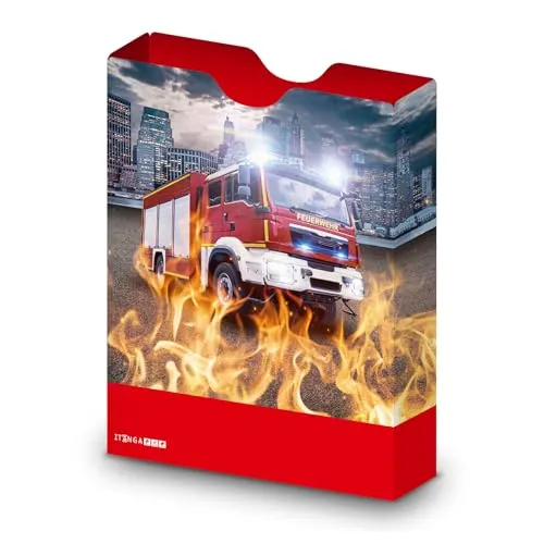 itenga Heftbox DIN A4 – Aufbewahrungsbox für Hefte & Blöcke mit Motivdruck | aus extra stabilem 0,7mm PP Kunststoff | flach geliefert faltbar | Schulbox für Mädchen & Jungen (Feuerwehr)