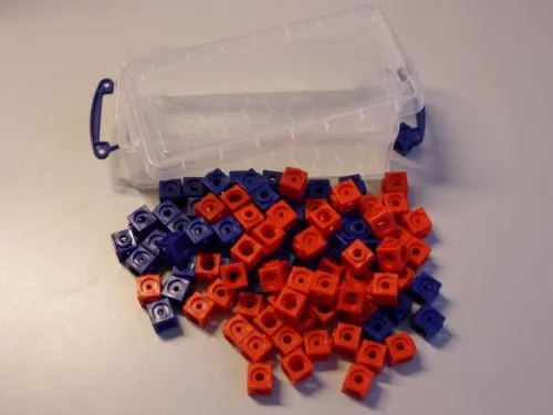 Steckwürfel 2-farbig (rot, blau) in der praktischen Box, 1,7cm, allseitig steckbar 100